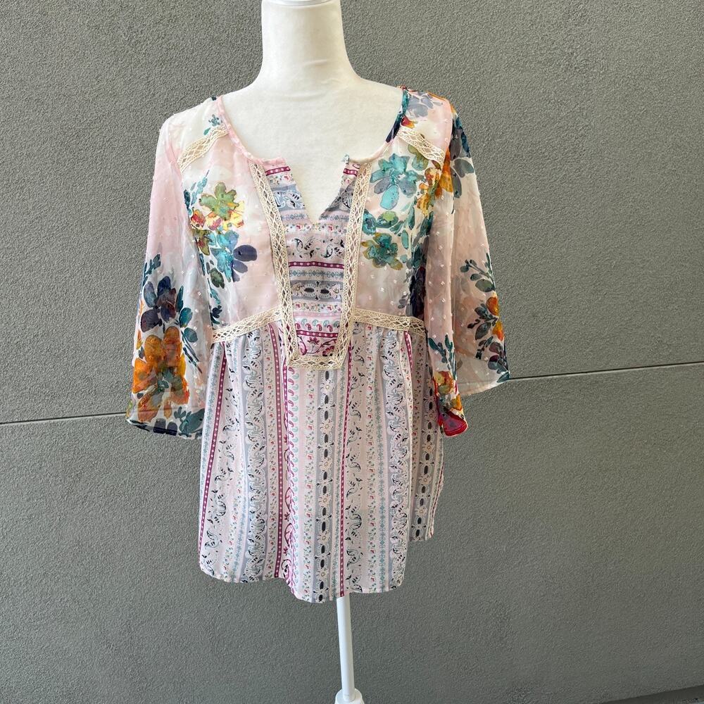 Olive Hill Semi-sheer Floral Blouse Top Swiss Dot Crochet Large Lace Flutter